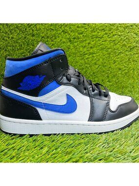 Nike Air Jordan 1 Mid Mens Size 8 Black White Blue Basketball Shoes Sneakers